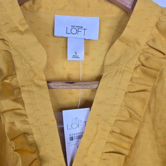 LOFT Womens Top Blouse Size S Yellow Ruffle Button Front‎ Short Sleeve - Picture 4 of 5